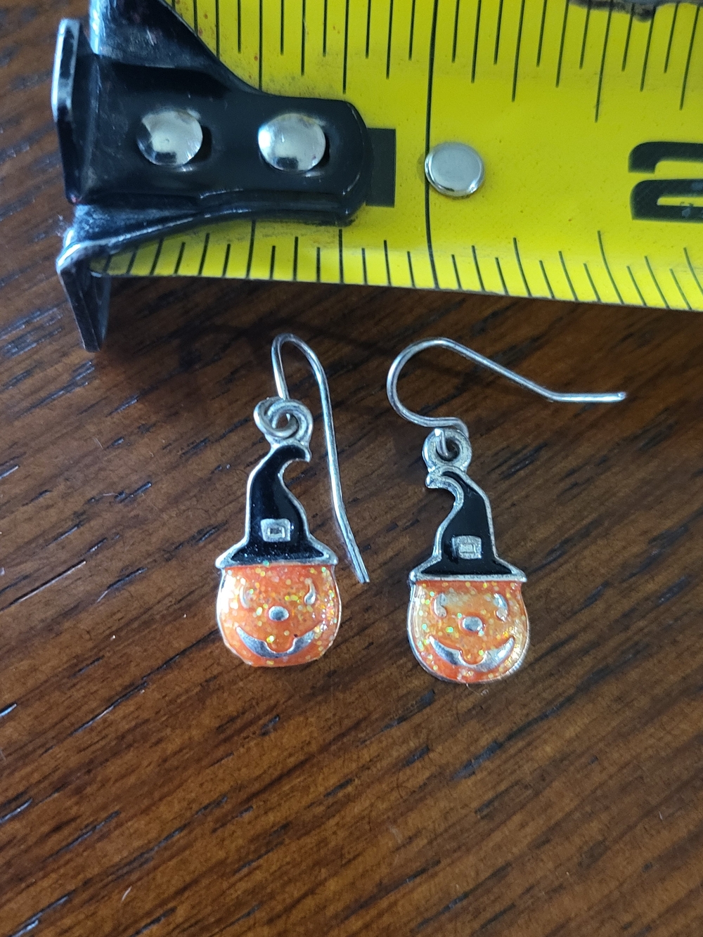 Silver Witch Hat Pumpkin Dangle Earrings - Orange Halloween Charm